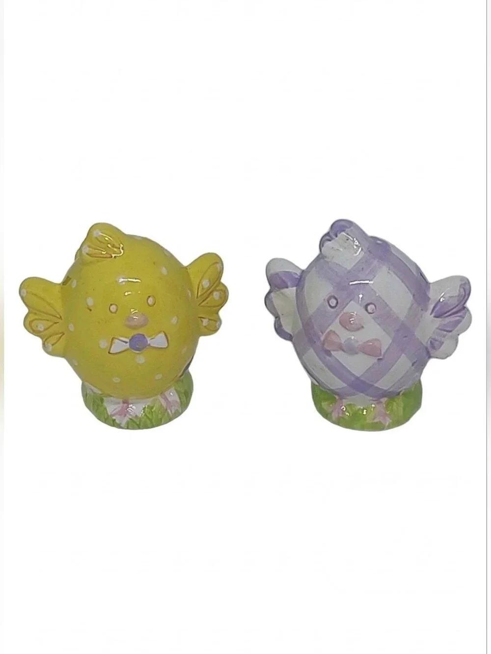 Easter Ceramic Salt and Pepper Shakers Set Yellow Polka Dot Purple Plaid Chicks